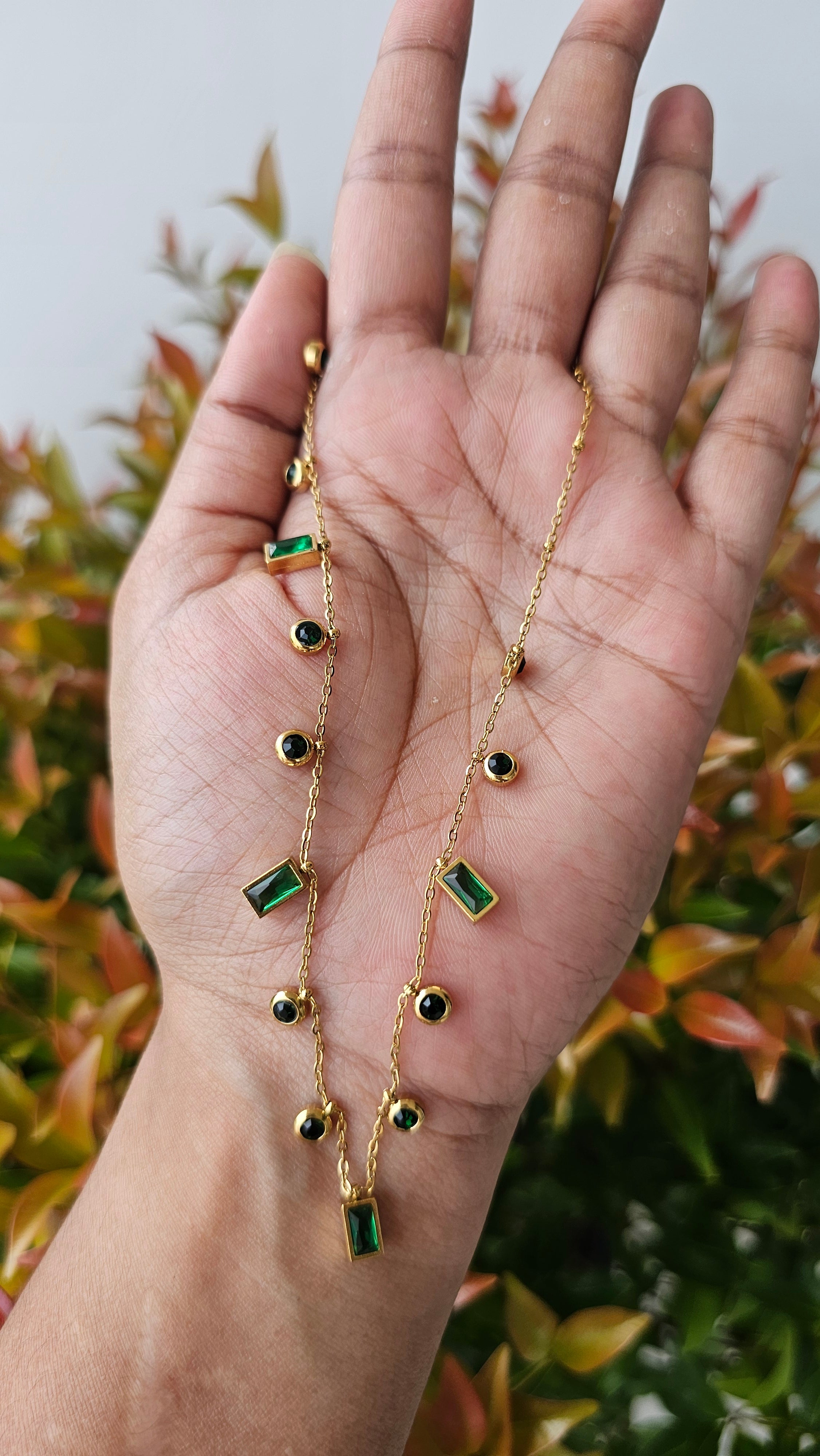 Emarald green stone station necklace
