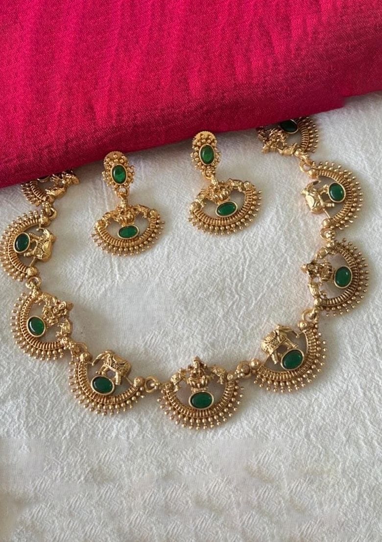 Temple design emerald green stone necklace set