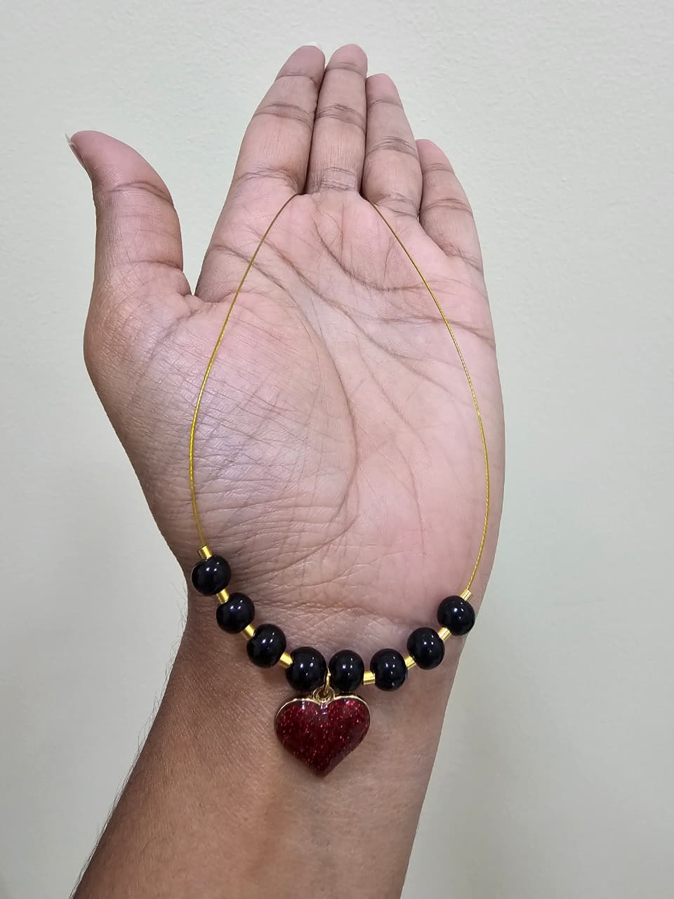 Black bead red heart pendant chain