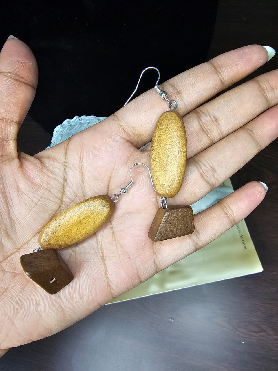 Dual tone wooden geo drop earrings