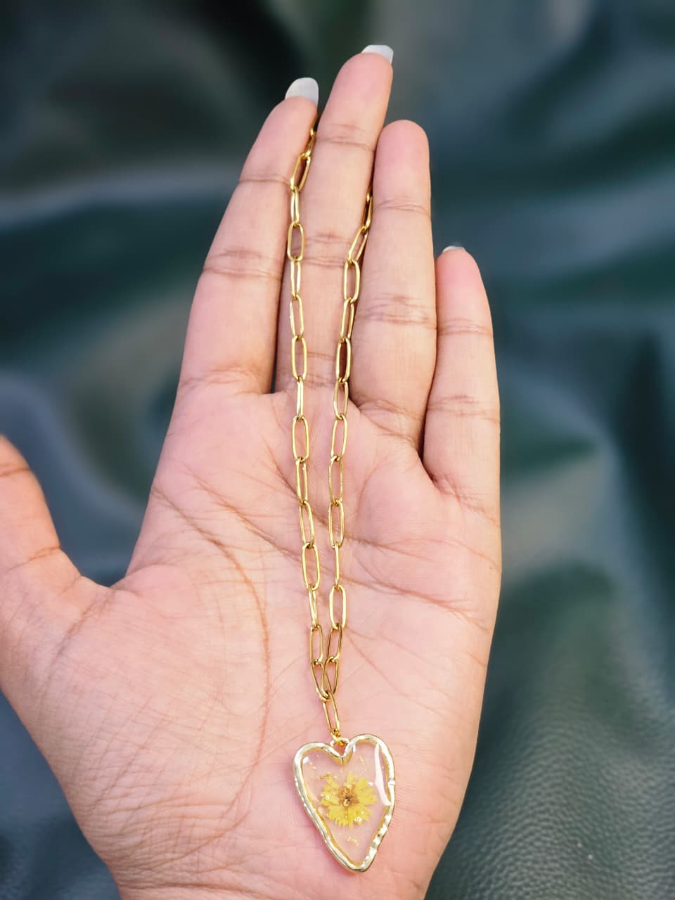 Yellow flower heart resin necklace