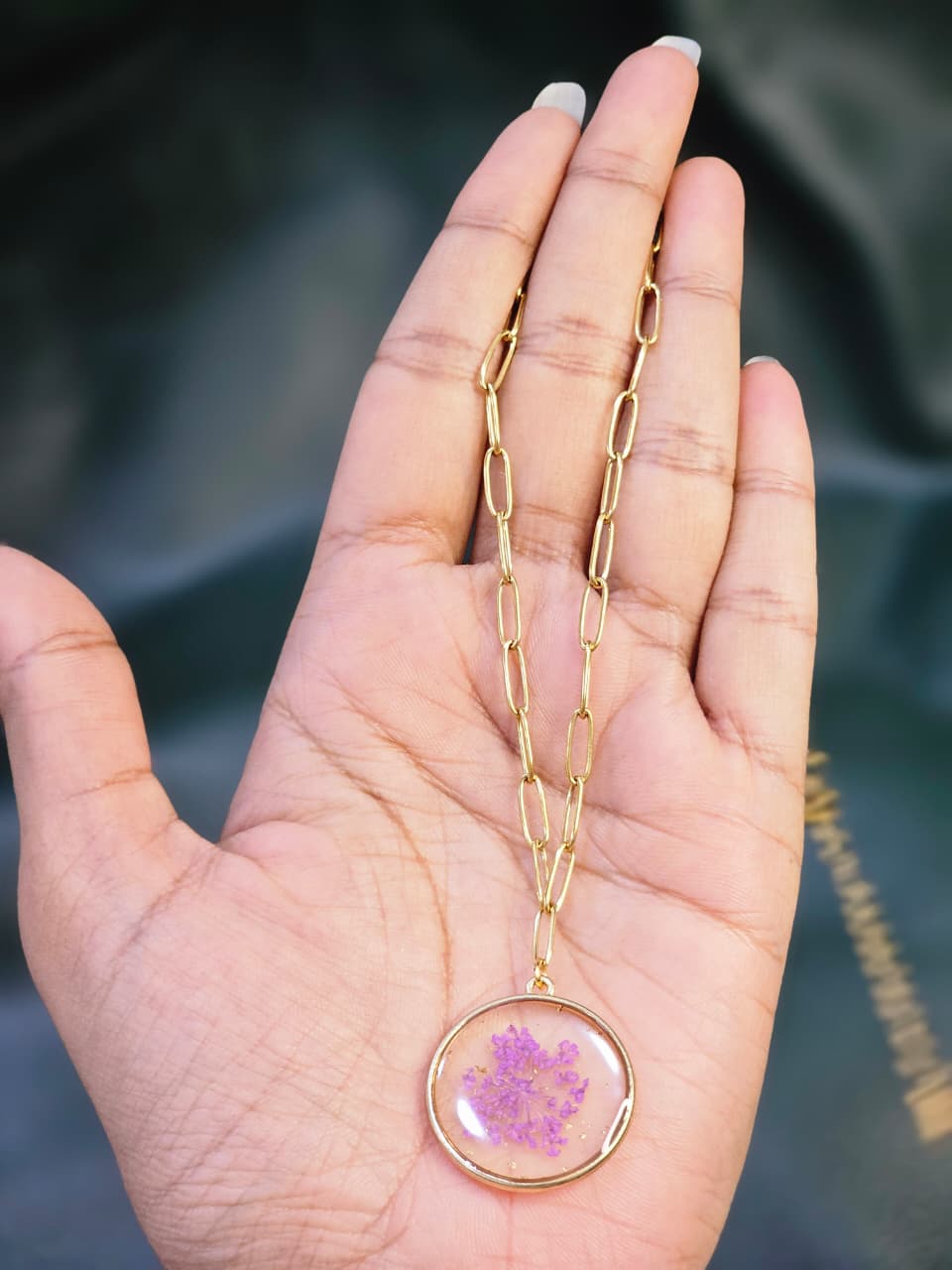 Pressed flower circle pendant necklace