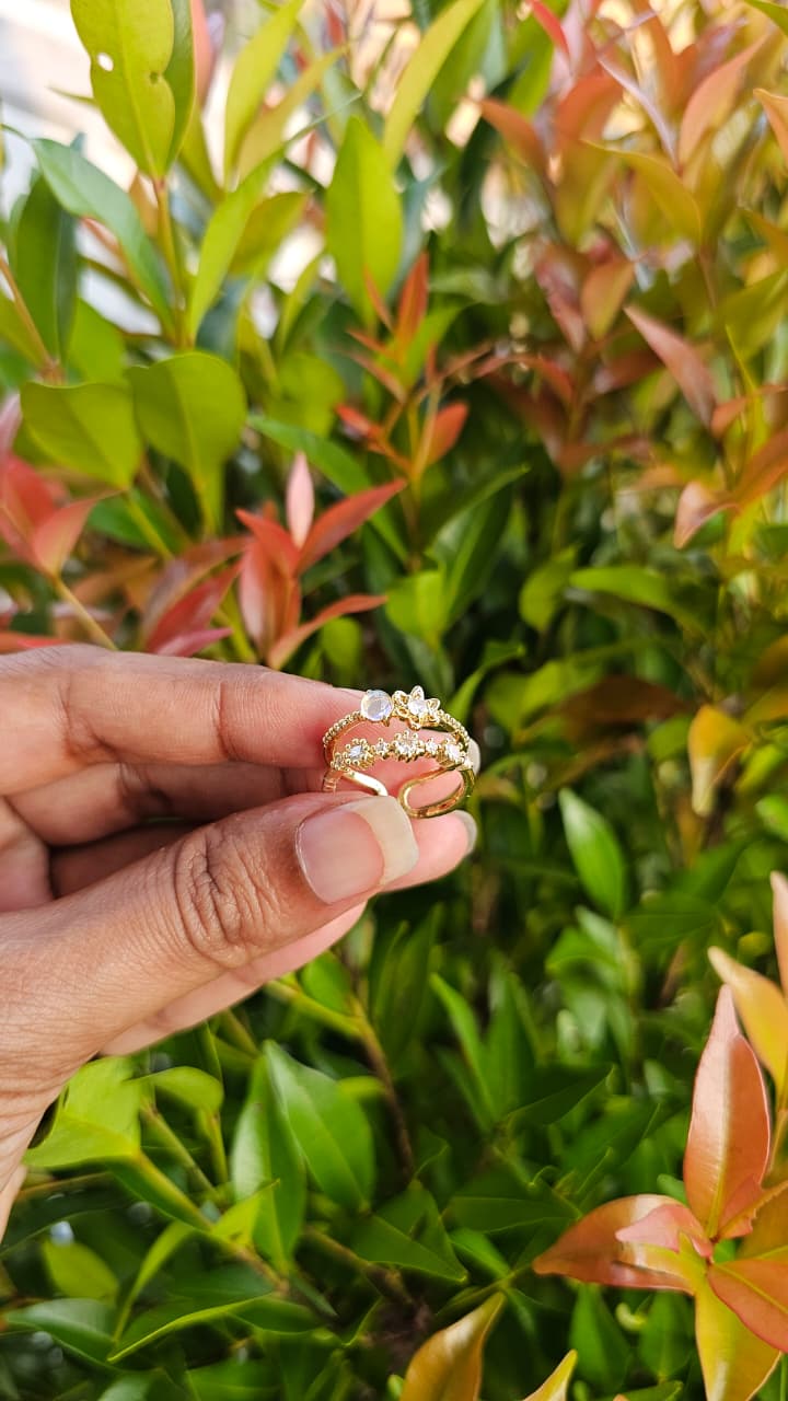 Delicate Gold Stackable Rings-Flower + CZ Band Set