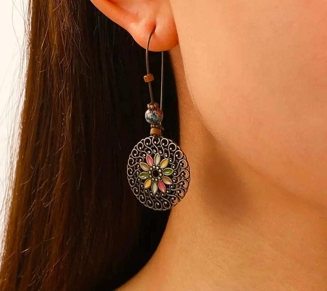 Boho floral circle dangle earrings