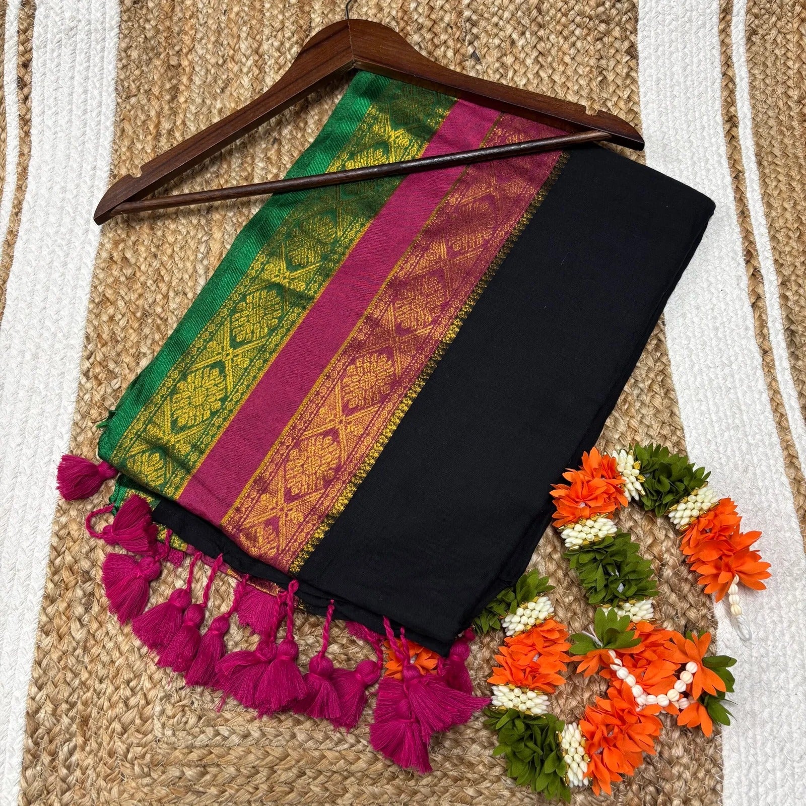 Kanji border soft mul mul cotton saree black