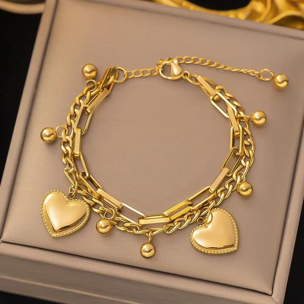 Gold plated stainless steel anti tarnish heart themed wraparound bracelet for women