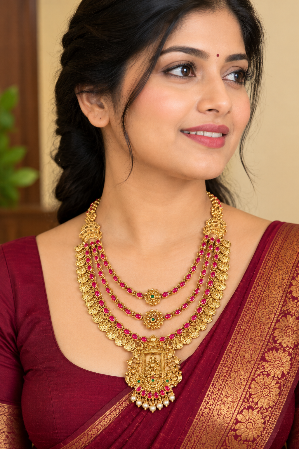 Antique lakshmi layered coin long haram with hanging earrings