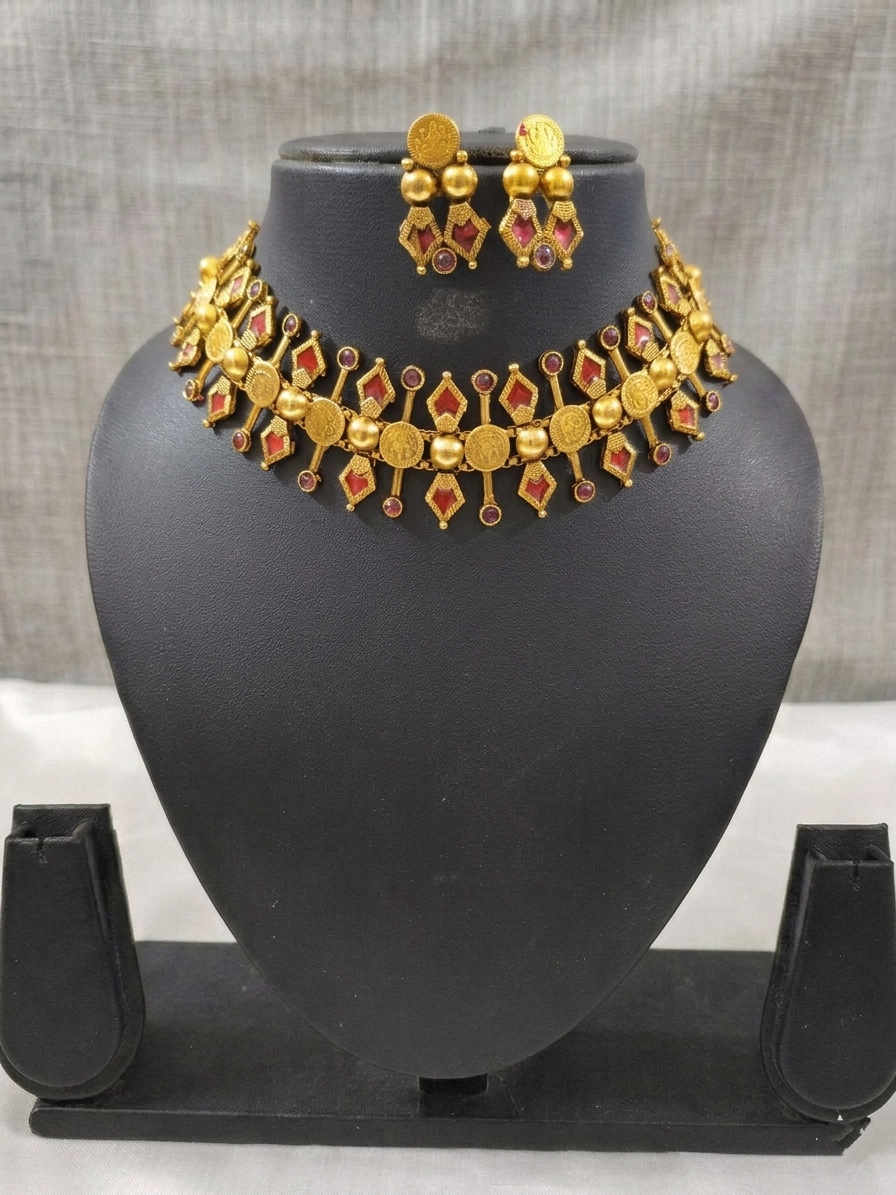 Palakka Coin Choker Set  Red stone