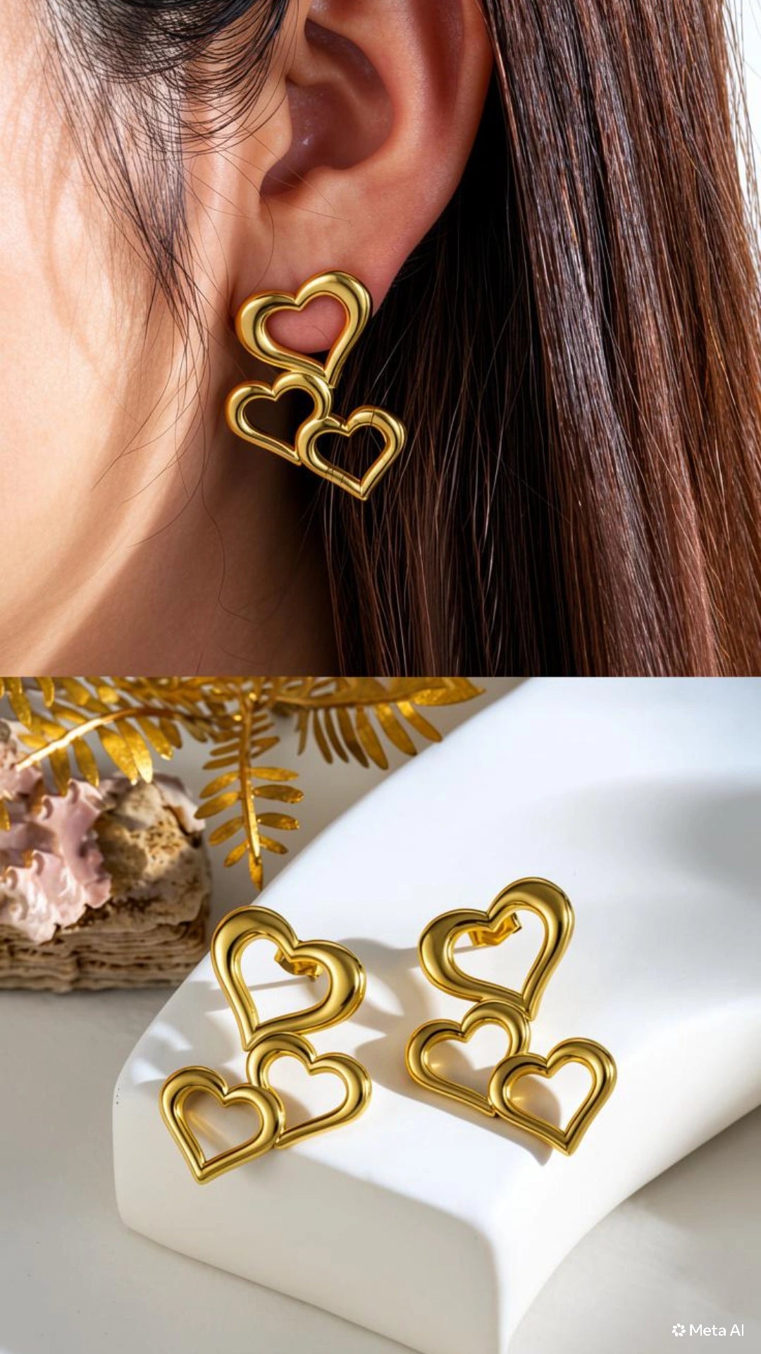 Triple heart gold drop earrings