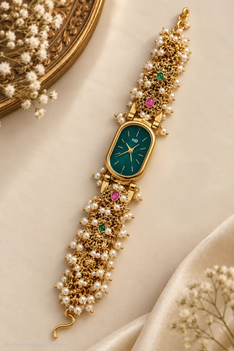 Kashmir watch with white pearls gunguru