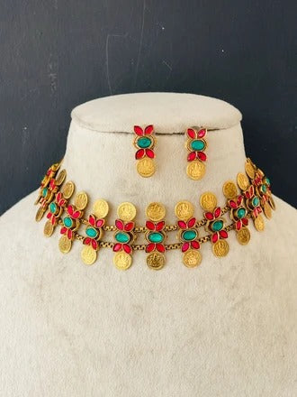 MULTI STONE FLOWER COIN NECKLACE