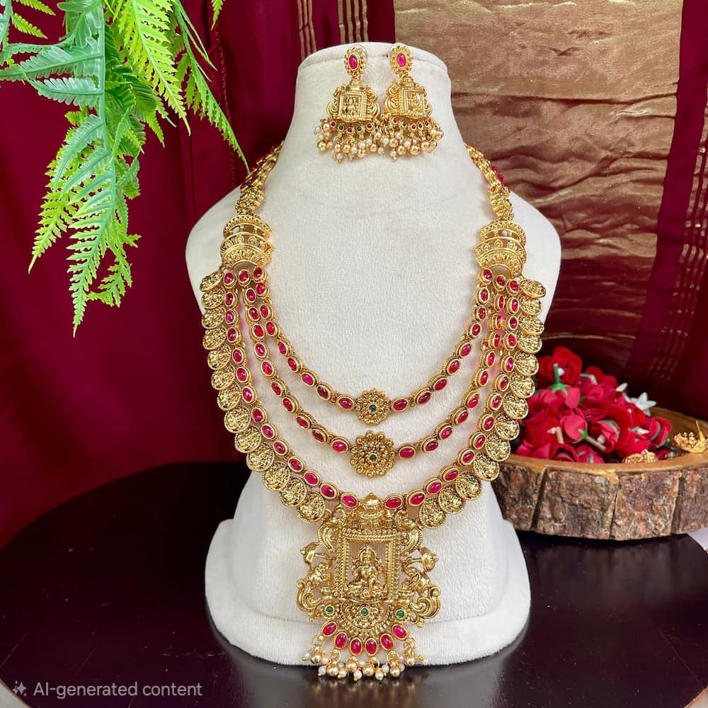 Antique lakshmi layered coin long haram with hanging earrings